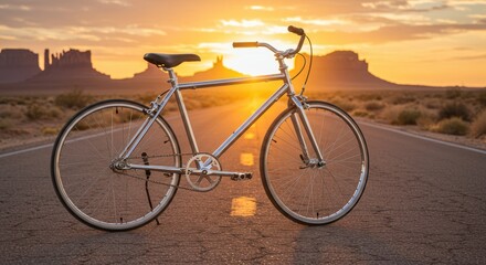 Obraz premium Sunrise adventure: bicycle on open road with monument valley in the background