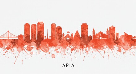 Fototapeta premium Apia skyline silhouette with abstract red watercolor splashes
