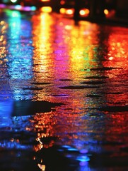 Vibrant city reflection on wet pavement after rain at night with colorful lights bokeh and urban feel