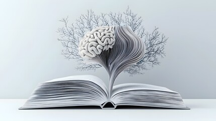 Ethereal composition of an open book unfolding into a brain shaped structure with delicate paper branches growing from its pages embodying the concepts of wisdom curiosity and intellectual growth