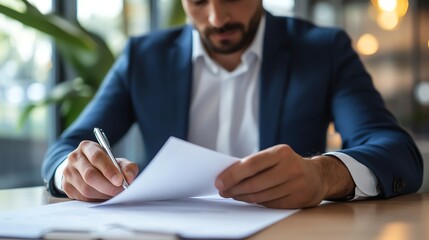 Businessman reviewing insurance contract terms before signing