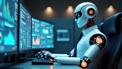 Agentic AI operates advanced technology while analyzing data trends in a modern workspace illuminated by multiple screens