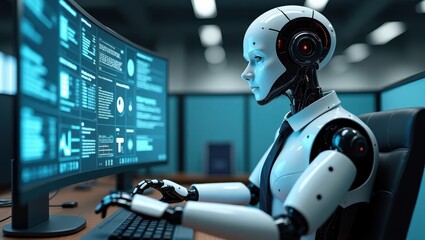 Fototapeta premium Innovative agentic AI system in a modern workspace showcasing advanced computing and data analysis