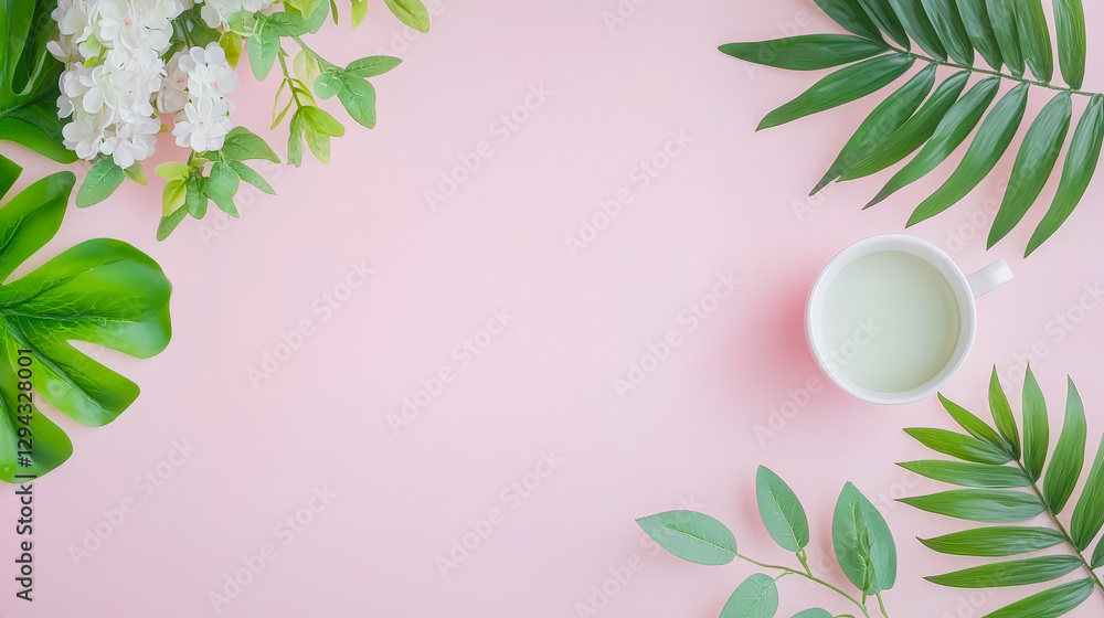 Poster Fresh greenery and a white mug on a soft pink background create an inviting atmosphere for relaxation and creativity