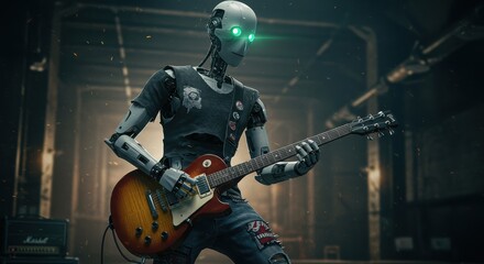 Fototapeta premium Futuristic robot playing electric guitar in industrial warehouse setting