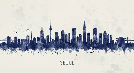 Papier peint photo intissé Artistic seoul skyline silhouette with watercolor splashes highlighting iconic cityscape