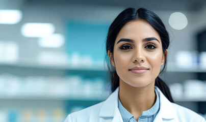 Obraz premium Female pharmacist smiling in a modern pharmacy setting.