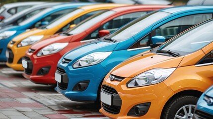 Several cars parked in a row in the parking lot. Cars of different colors are bright orange, blue and red. All cars of the same type, which creates a feeling of order and symmetry.