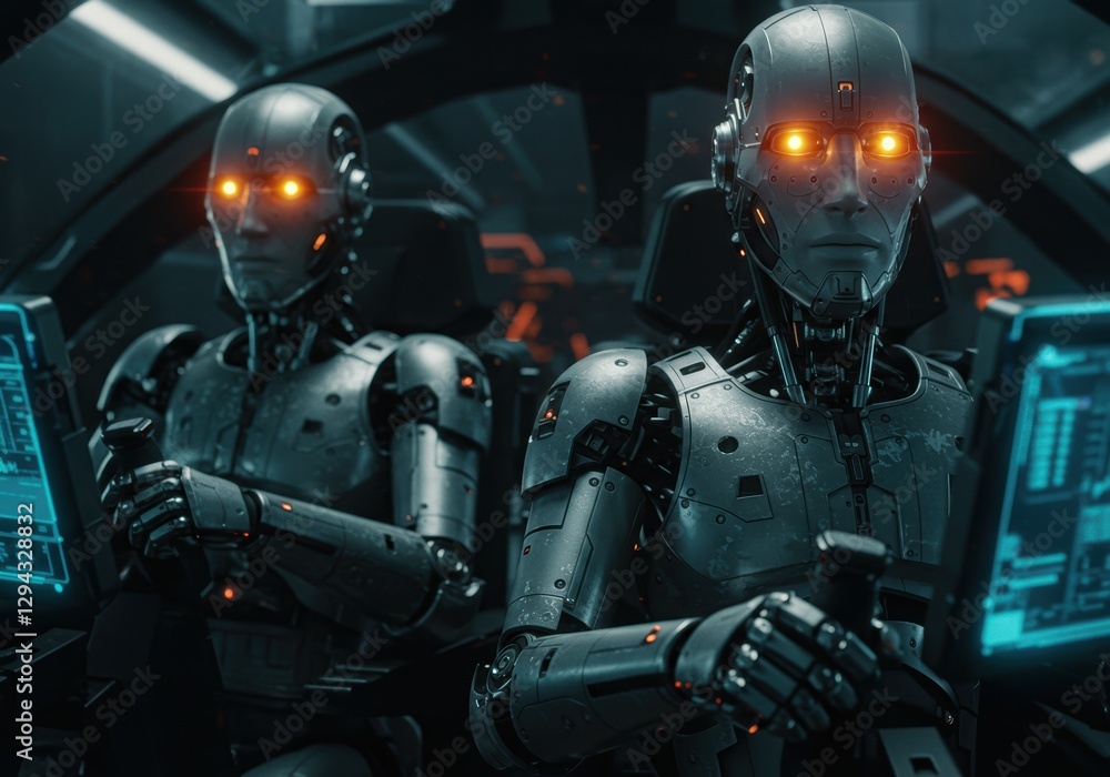 Poster two futuristic robots piloting a spaceship with glowing eyes in a sci-fi setting