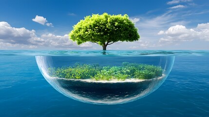 Floating Eco Tech Biosphere Sustainable Smart Pod with AI Managed Vertical Farming and Recycling showcasing a futuristic 3D blueprint of an innovative floating habitat that integrates renewable