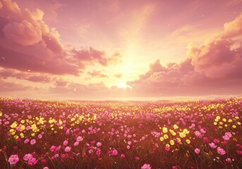 Naklejka premium Vibrant wildflower field at sunset with pink and yellow blossoms under dramatic cloudy sky