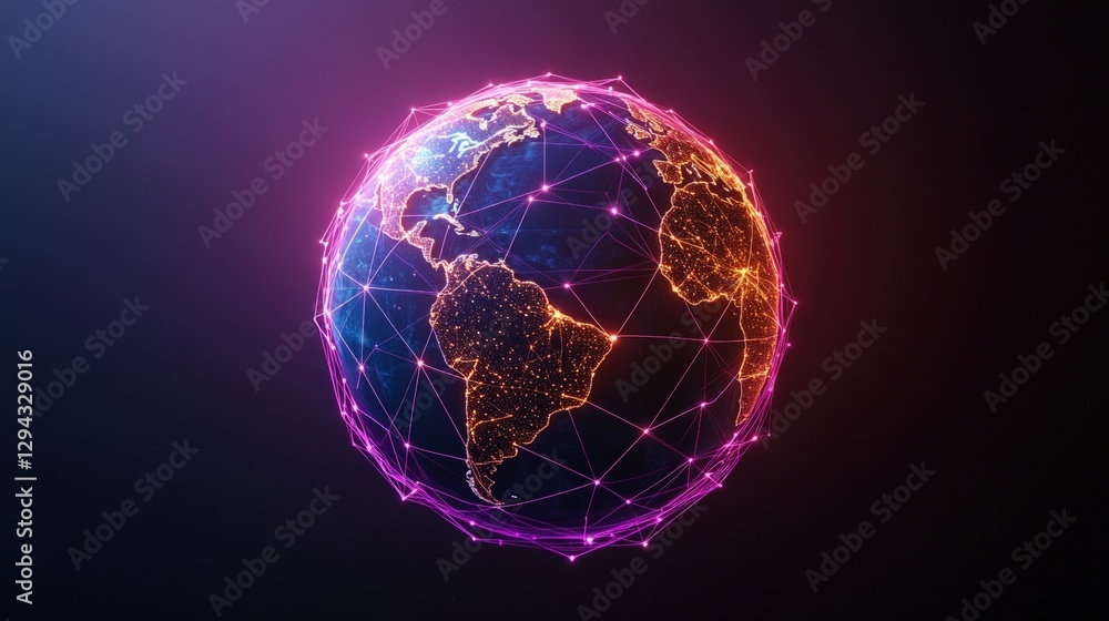 Poster globe with illuminated network of lights highlighting continents and location pins on a dark backgro