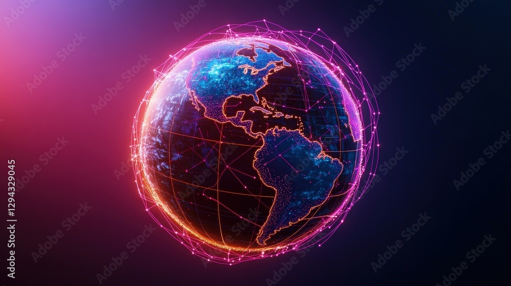 Poster globe with network of lines and dots highlighting continents on a pin for global connectivity concep