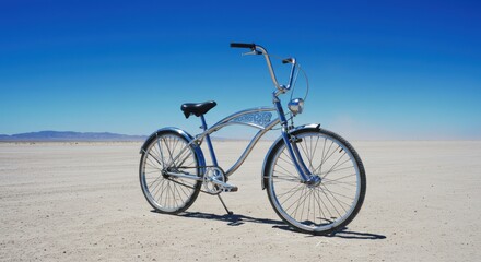 Fototapeta premium Vintage bicycle on deserted landscape under clear blue sky