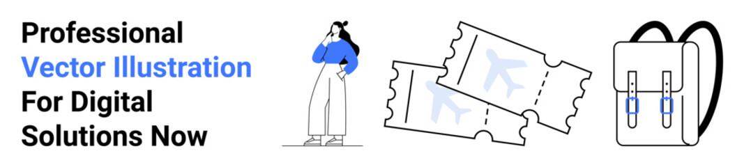 Woman in casual attire contemplating next steps alongside airplane tickets and a backpack. Ideal for travel, planning, decision-making, tourism, leisure, preparation, and lifestyle. Perfect for flat