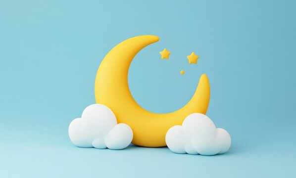Cartoon moon and clouds on pastel blue background