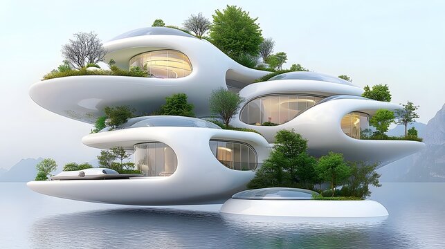 Futuristic 3D blueprint of a floating city featuring smart AI controlled transportation networks self sustaining biospheres and vertical green towers showcasing a vision for eco friendly