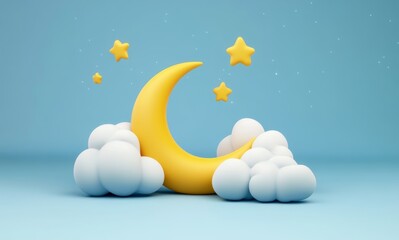 Cute cartoon moon and clouds on light blue background with stars.  Possible use children's room decor, baby products, sleep aid
