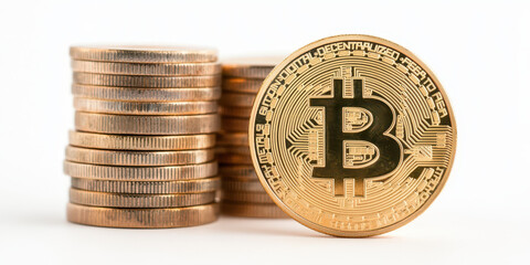 Bitcoin coin stands prominently in front of stacked coins, symbolizing digital currency