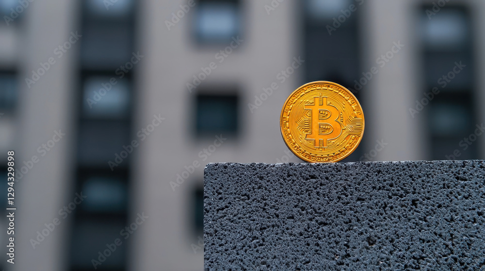 Aufkleber bitcoin coin displayed on concrete surface with blurred background