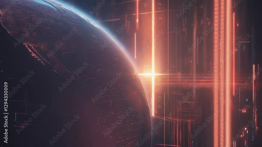 Poster cybernetic earth with glowing red data networks, representing ai-driven global security and surveill