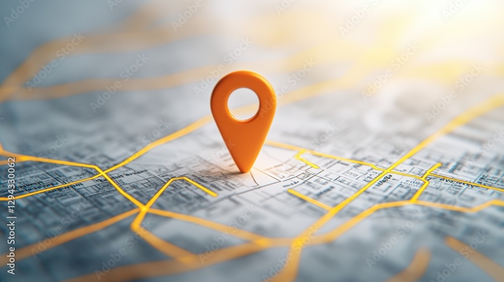 Poster map with location pin in bright orange color on a minimalist background for navigation and travel pu