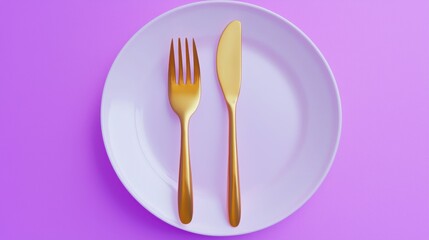 Elegant Gold Cutlery on White Plate Purple Background Minimalist Food Photography