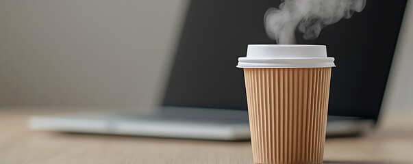 Steaming coffee cup next to a laptop, perfect for working from home or enjoying a break. Cozy vibes and productivity blend together.
