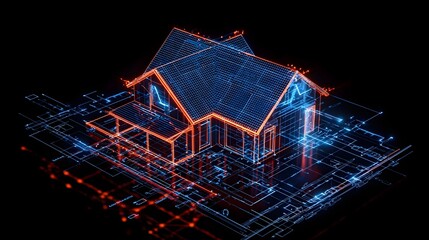 Futuristic 3D blueprint render showcasing a high tech smart home design with automation energy efficient features and a holographic interface layout
