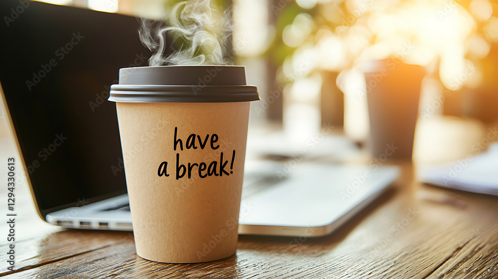 Poster coffee break at work: enjoy a relaxing moment with a steaming cup near a laptop, suggesting rest and