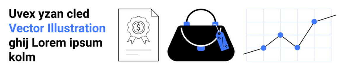 Document with certification badge, designer handbag with price tag, and analytical graph represent finance, business performance, luxury, marketing, shopping trends, economics, flat landing page