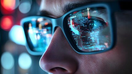 Close-up of a person's face wearing glasses reflecting colorful digital data in a tech environment