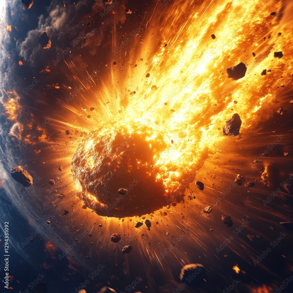 Poster fiery cosmic collision of asteroid impacting planet creating explosive energy and debris in space