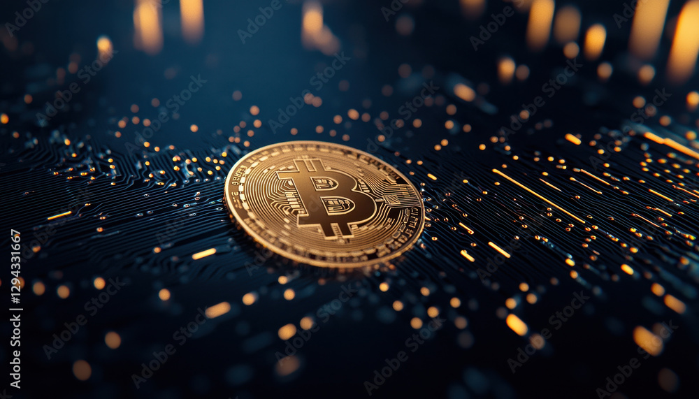 Poster bitcoin coin on digital circuit board with glowing elements