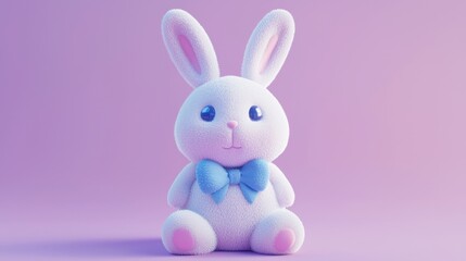 Adorable Fluffy White Bunny Rabbit with Blue Bowtie on Lavender Background Easter Childrens