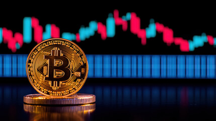 close up of shiny cryptocurrency coin with digital chart background