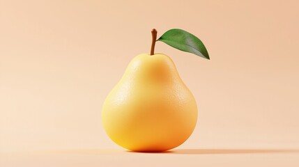 Single Ripe Yellow Pear with Leaf on Peach Background Minimalist Fruit Still Life Photography