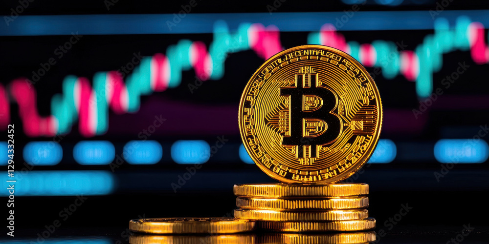 Poster stack of bitcoin coins with blurred financial trading chart background