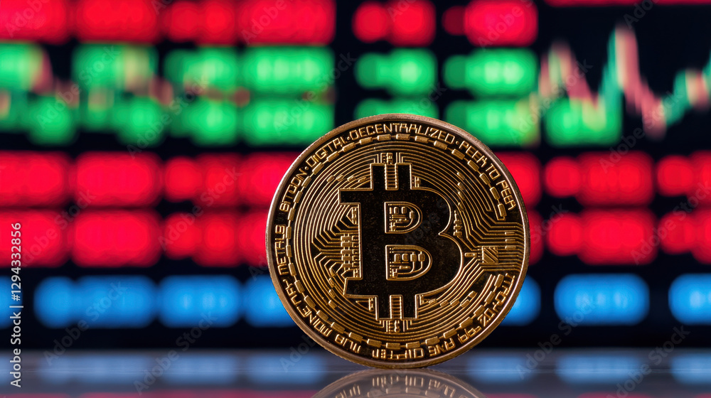 Poster bitcoin coin in front of stock market display showing trends and data