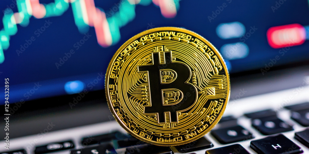 Poster bitcoin coin placed on laptop keyboard with trading charts visible