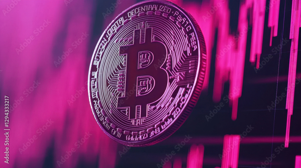 Poster bitcoin coin with financial graphs and blockchain data in pink tones