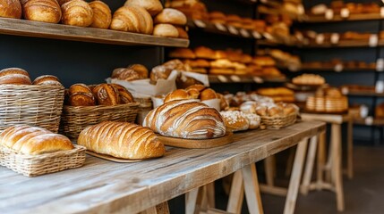 Freshly baked bread and pastries displayed on a wooden table in a bakery