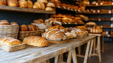 Poster Freshly baked bread and pastries displayed on a wooden table in a bakery
