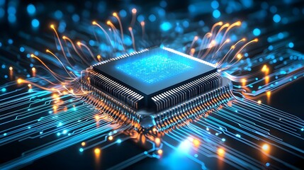 Futuristic and abstract visualization of a quantum microchip featuring shimmering neon like data lines fluid circuits and a digital