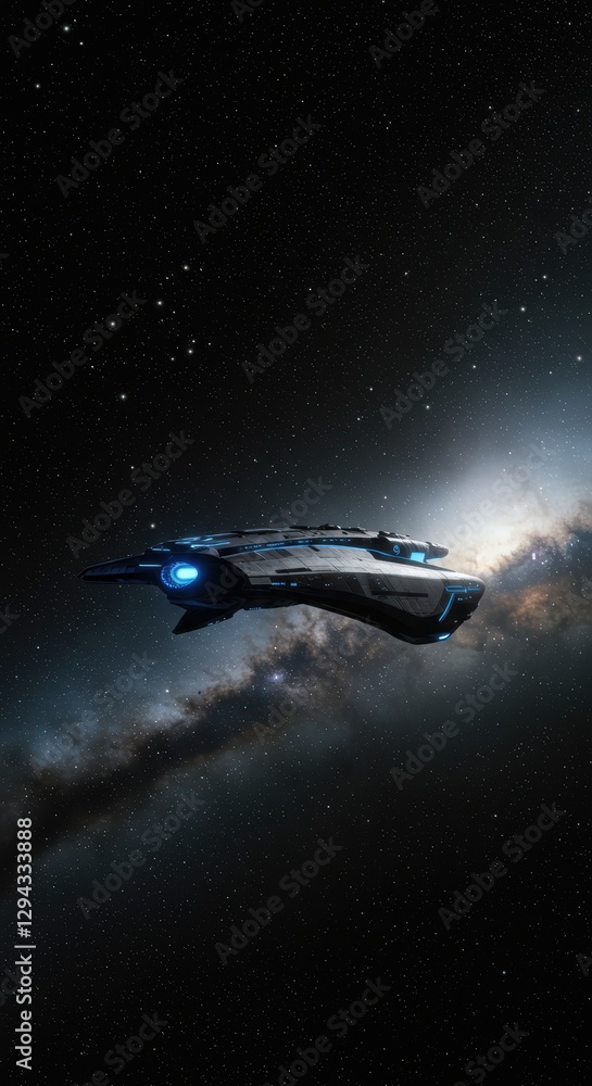 Poster futuristic spaceship traversing distant galaxies in deep space adventure