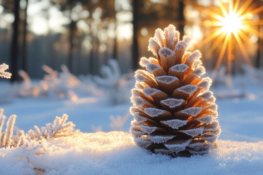 Frost-covered pine cone glistens in winter sunlight at a tranquil forest setting