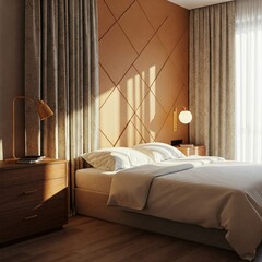 A contemporary bedroom, light and spacious, with minimalist decor.