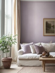 Fototapeta premium A white couch interior setting with subtle lavender tones