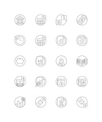 Finance Icons Outline. Including bank, calculator, savings, invoice, bill, withdraw, top-up, balance, money, search, piggy bank, location, gold, coins, contract illustrations