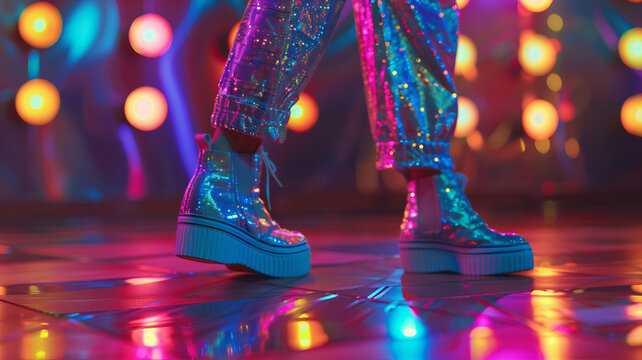 disco, dancefloor, beat, neon, light, closeup, dancer, leg, shimmering, platform, shoe, retro, pattern, reflecting, mirrored, view, spotlight, music, concert, stage, party, night, people, club, entert